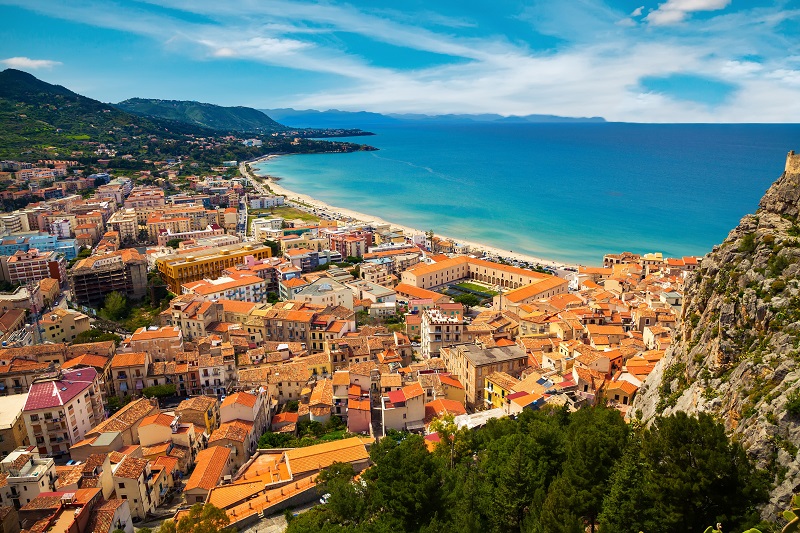 Aerial view of town Cefalu from above, Sicily, Italy