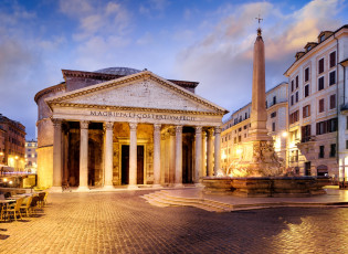  The Pantheon in Rome, Italy at dawn with a bustling street cafe and city lights